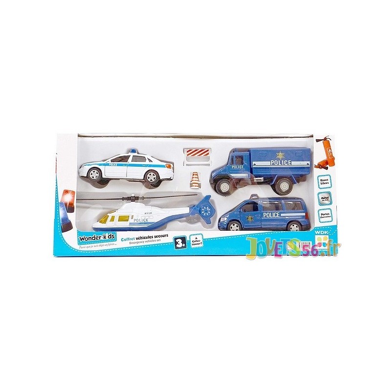 Coffret 4 vehicules secours et accessoires police ou pompier 