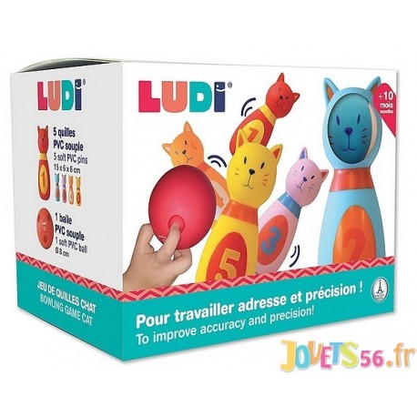 JEU DE QUILLES CHAT 5 QUILLES ET UNE BALLE PLASTIQUE SOFT - Jouets56.fr - Magasin jeux et jouets dans Morbihan en Bretagne