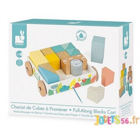 CHARIOT BOIS AVEC CUBES A PROMENER GAMME PURE - Jouets56.fr - Magasin jeux et jouets dans Morbihan en Bretagne