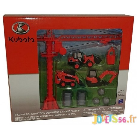 COFFRET 3 ENGINS CHANTIER AVEC GRUE KUBOTA ET ACCESSOIRES - Jouets56.fr - Magasin jeux et jouets dans Morbihan en Bretagne