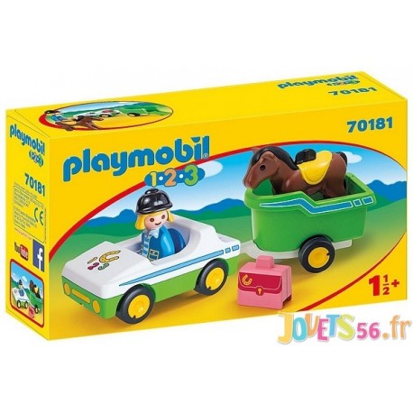 70181 CAVALIERE AVEC VOITURE ET REMORQUE PLAYMOBIL 1.2.3 - Jouets56.fr - LiloJouets - Magasins jeux et jouets dans Morbihan en B