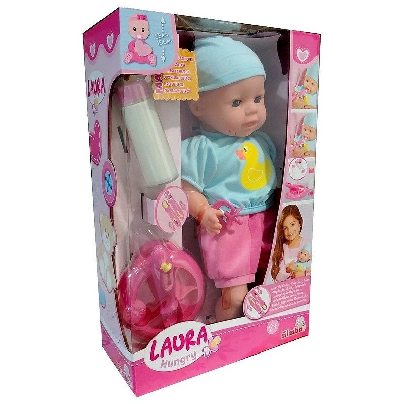 Poupee 38cm laura a faim avec couverts et biberon 