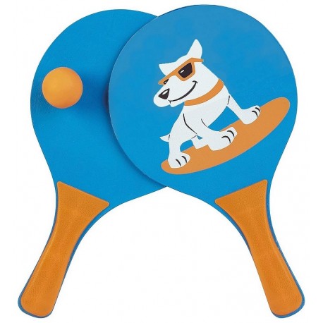 2 RAQUETTES BEACH BALL BOIS ENFANT DOGGY SURF 33CM AVEC BALLE-LiloJouets-Morbihan-Bretagne