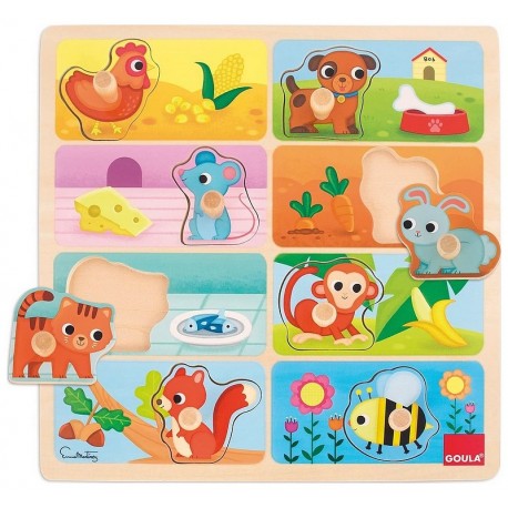 PUZZLE BOIS REPAS PREFERE ANIMAUX ENCASTREMENT PETITS BOUTONS-LiloJouets-Morbihan-Bretagne