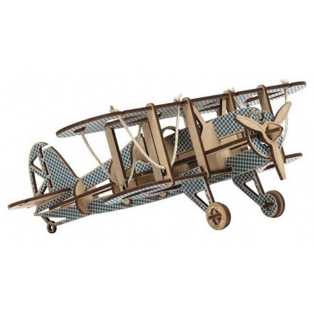 MAQUETTE BOIS AVION BIPLAN 36 PIECES MOTIF BLEU-LiloJouets-Morbihan-Bretagne