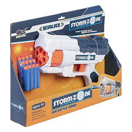 PISTOLET STORM-ZONE 27CM BARILLET AVEC 12 FLECHETTES MOUSSES ASST-LiloJouets-Morbihan-Bretagne