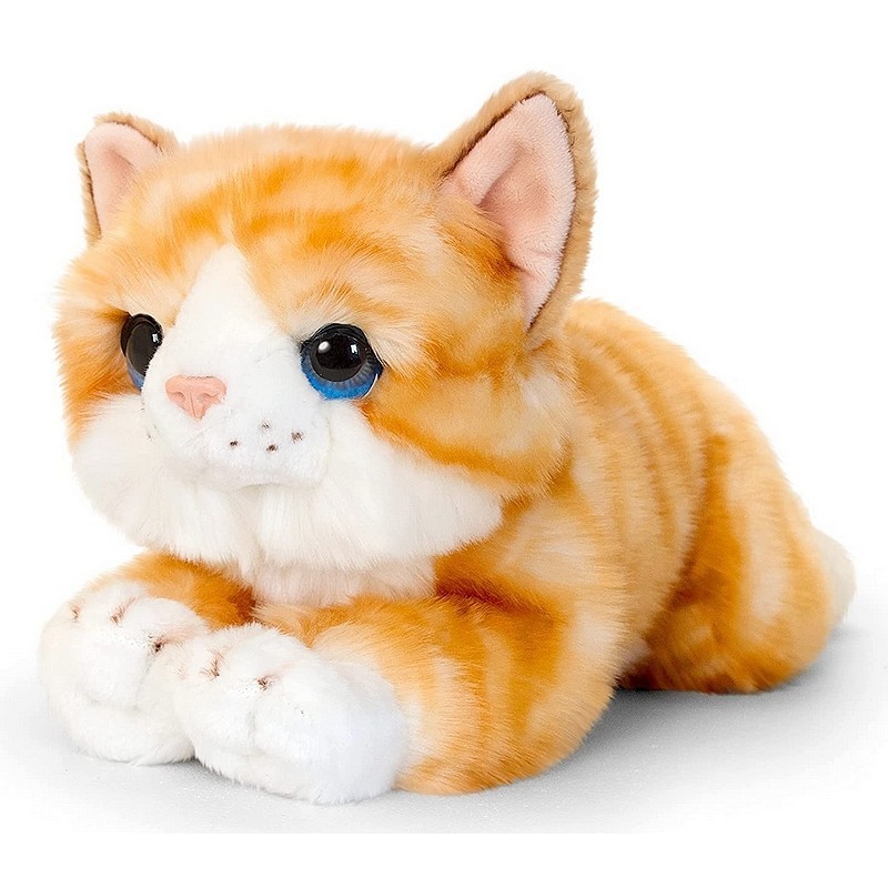 Peluche chat roux et blanc allongé 28 cm
