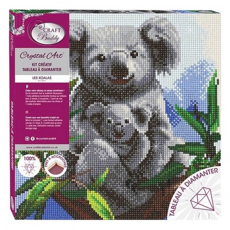 KIT TABLEAU KOALAS 30X30CM BRODERIE DIAMANT SUR CHASSIS BOIS CRYSTAL ART-LiloJouets-Morbihan-Bretagne