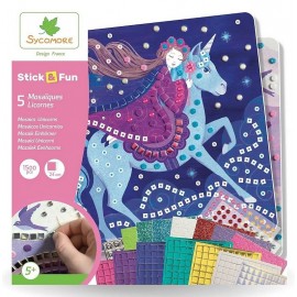 COFFRET MOSAIQUES LICORNES STICK&FUN 5 TABLEAUX 24X24CM 1500 PIECES