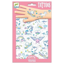 TATOUAGES LICORNES POCHETTE 2 FEUILLES 21X14CM 50 TATOUAGES