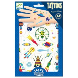 TATOUAGES SPACE ODDITY POCHETTE 2 FEUILLES 21X14CM PHOSPHORESCENTS