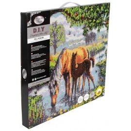 KIT TABLEAU CHEVAUX 30X30CM BRODERIE DIAMANT SUR CHASSIS BOIS CRYSTAL ART