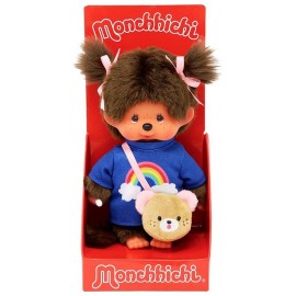 PELUCHE MONCHHICHI KAWAI FILLE 20CM PULL BLEU ET SAC BANDOULIERE