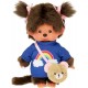 Peluche monchhichi kawai fille 20cm pull bleu et sac bandouliere-lilojouets-morbihan-bretagne