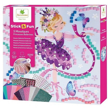 COFFRET MOSAIQUES PRINCESSES BALLERINES STICK'N FUN 5 TABLEAUX 24X24CM-LiloJouets-Morbihan-Bretagne