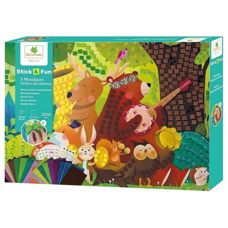 GRAND COFFRET MOSAIQUES ANIMAUX FANFARE STICK'N FUN 5 TABLEAUX 34X24CM 2000 PCES-LiloJouets-Morbihan-Bretagne