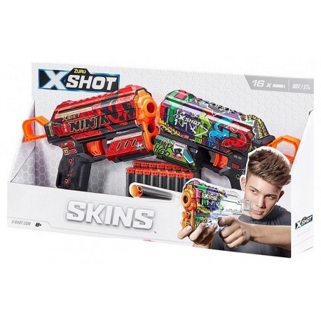 PACK 2 PISTOLETS SKINS AVEC 16 FLECHETTES MOUSSE X-SHOT-LiloJouets-Questembert-Muzillac-Morbihan