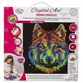 KIT TABLEAU LOUP COULEUR 30X30CM BRODERIE DIAMANT SUR CHASSIS BOIS CRYSTAL