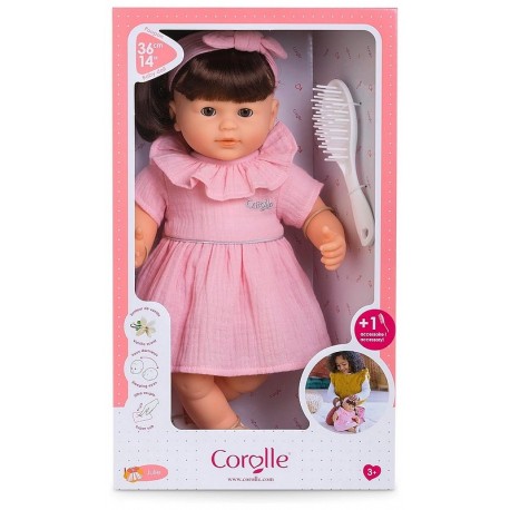 POUPEE JULIE 36CM BRUNE AVEC ROBE ET BROSSE A CHEVEUX - COROLLE-LiloJouets-Questembert-Muzillac-Morbihan
