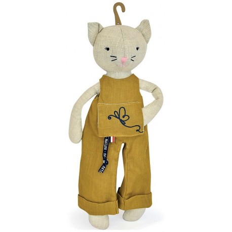 PELUCHE PANTIN CHAT EN LIN AVEC SALOPETTE OLIVE - PERLIPOPETTE-LiloJouets-Questembert-Muzillac-Morbihan
