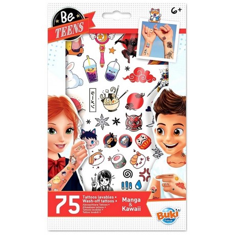 POCHETTE 75 TATOUAGES COLORES LAVABLES MANGA ET KAWAII - BE TEENS BUKI-LiloJouets-Questembert-Muzillac-Morbihan