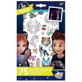 POCHETTE 75 TATOUAGES COLORES LAVABLES PHOSPHORESCENTS - BE TEENS BUKI-LiloJouets-Questembert-Muzillac-Morbihan