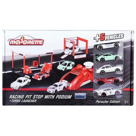 COFFRET RACING 5 VOITURES PORSCHE 1.64E - TURBO LANCEUR AVEC PODIUM - MAJORETTE-LiloJouets-Questembert-Muzillac-Morbihan