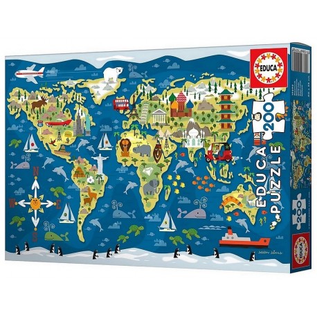 PUZZLE MAPPEMONDE ILLUSTRATION 200 PIECES 40X28CM-LiloJouets-Questembert-Muzillac-Morbihan