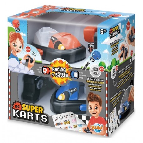 PACK 2 SUPER KARTS RADIOCOM. 14CM RACING ET BATTLE 2.4GHZ AVEC BATTERIES - BUKI-3700802106371-Lilojouets-Questembert-Muzillac-Mo