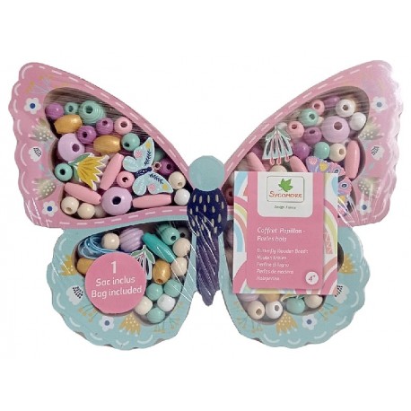 COFFRET PAPILLON 194 PERLES EN BOIS ET FIL 3M - SYCOMORE-3517130013260-Lilojouets-Questembert-Muzillac-Morbihan