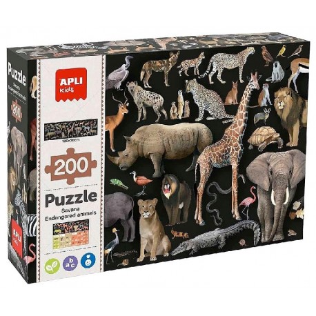 PUZZLE EDUCATIF LES ANIMAUX MENACÉS DE LA SAVANE 100X30CM 200 PIECES - APLI KIDS-8410782196976-Lilojouets-Questembert-Muzillac-M