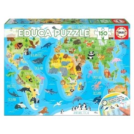PUZZLE MAPPEMONDE DES ANIMAUX 150 PIECES 48X34CM - EDUCA-8412668181151-Lilojouets-Questembert-Muzillac-Morbihan