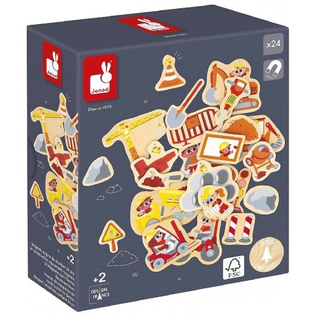 COFFRET MAGNETS LE CHANTIER 24 PIECES MAGNETIQUES EN BOIS - JANOD-3700217396473-Lilojouets-Questembert-Muzillac-Morbihan