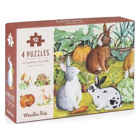 PUZZLES ANIMAUX DU JARDIN 4X12 PIECES AVEC POSTERS - MOULIN ROTY-3575677124498-Lilojouets-Questembert-Muzillac-Morbihan