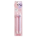 PACK 2 STYLOS TIGRE ROSE ET CHAT VIOLET - ÉCRITURE BLEUE GEL EFFAÇABLE - 