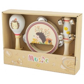 PACK MUSICAL HÉRISSON AVEC MARACA HOCHET TAMBOURIN EN BOIS DÈS 18 MOIS - ULYSSE-3760111716203-Lilojouets-Questembert-Muzillac-Mo