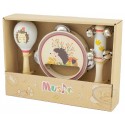 PACK MUSICAL HÉRISSON AVEC MARACA HOCHET TAMBOURIN EN BOIS DÈS 18 MOIS - ULYSSE