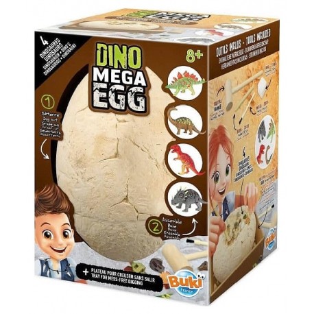 MÉGA OEUF A CREUSER 16CM AVEC 4 DINOSAURES A ASSEMBLER - DINO MEGA EGG BUKI-3700802104100-Lilojouets-Questembert-Muzillac-Morbih