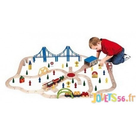 Coffre circuit train bois 100 pieces 